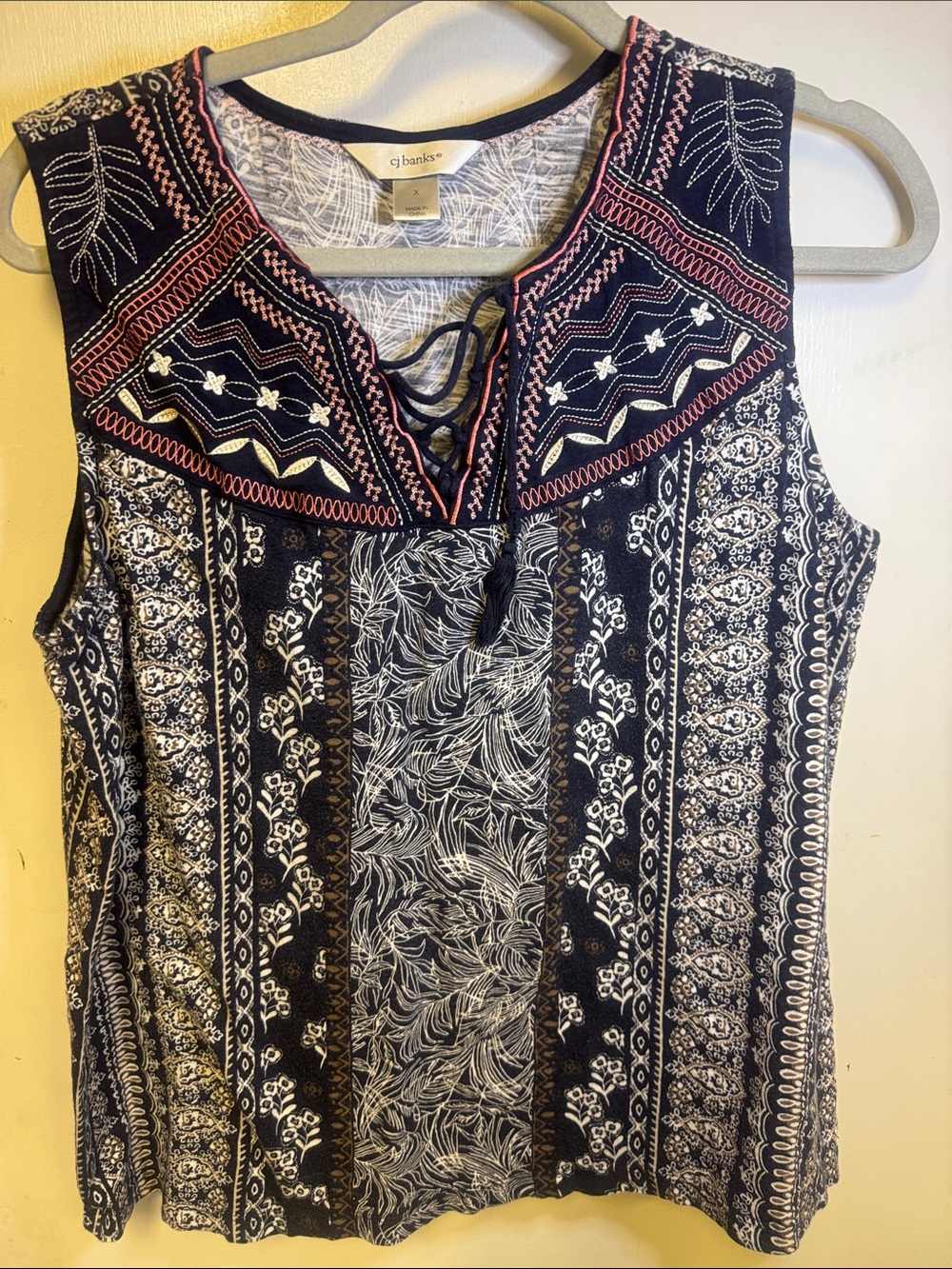 CJ Banks Navy Printed Lace-Up Sleeveless Tank with Pink Accents